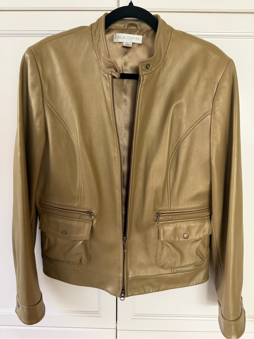 Casual Corner Women's Light Brown Leather Zip Moto Jacket